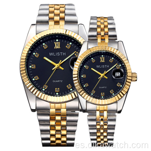 Relojes de marca WLISTH par de acero inoxidable de cuarzo reloj de lujo para amantes reloj de pulsera de diamantes de imitación con calendario de regalo fino para marido y papá